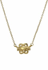 Collier en or présentant un design de nœud texturé au centre, avec une fine chaîne et des accents complexes sur la quincaillerie.