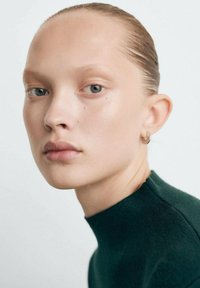 La modella presenta una pelle liscia, occhi azzurri e capelli biondi chiari tirati indietro. Indossa un maglione a collo alto di un verde scuro. Visibile un piccolo orecchino a cerchio.