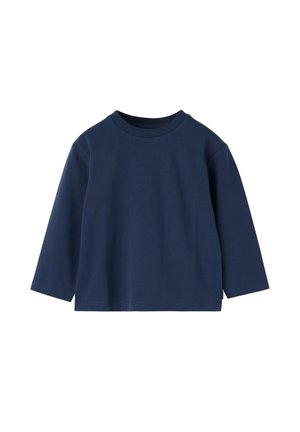 Mørkeblå langærmet t-shirt med rund hals og lige kant, vist på en hvid baggrund.