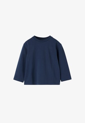 Mørkeblå langærmet t-shirt med rund hals og lige kant, vist på en hvid baggrund.