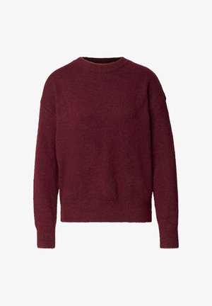 Pull en maille bordeaux avec un col rond, une coupe ample et des manches longues. Texture douce avec des détails côtelés au niveau des poignets et de l'ourlet.
