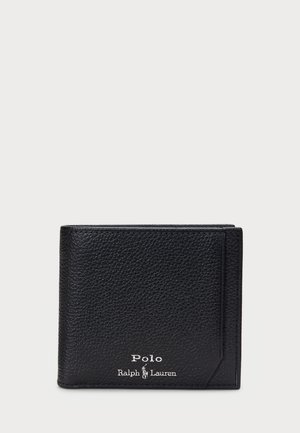Fekete bőr pénztárca textúrázott felülettel, sarokzsebbe illesztett kialakítással és a "Polo Ralph Lauren" logó dombornyomott felirattal az elején.
