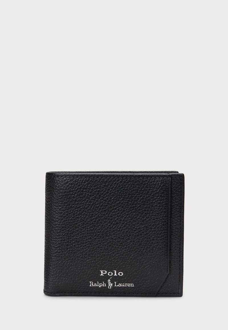 Juodas odinis piniginė su tekstūruotu paviršiumi, turinti kampinę kišenę ir įspaustą "Polo Ralph Lauren" logotipą priekyje.