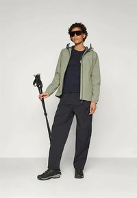 Light green waterproof jacket with a hood, paired with a navy shirt and dark pants. Black hiking shoes and a trekking pole are included.