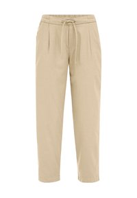 Beige linen trousers with an elasticated waistband, adjustable drawstring, and front pleats. Straight-leg cut, cropped length. Smooth texture.