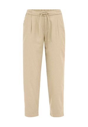 Beige linnebyxor med elastisk midja, justerbar dragsko och framveck. Raka ben, kortad längd. Slät textur.