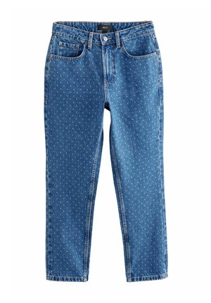 Blauwe spijkerbroek met kleine sterrenpatronen, vijfzakkenontwerp, knoopsluiting en riemlussen.