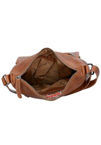 Borsa a tracolla in pelle marrone con chiusura con cerniera, dotata di tasche interne e rivestimento in tessuto con dettagli del marchio stampati.