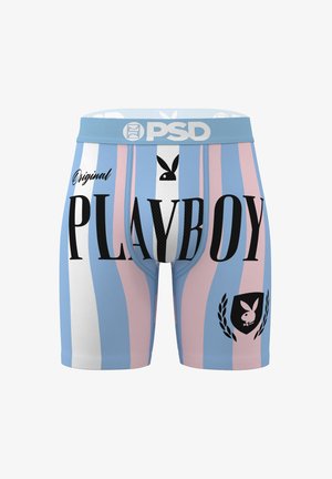 Blue and pink striped boxer briefs with a black waistband. Features large black "PLAYBOY" text and logo, and a white dotted panel.