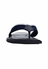 Heren flip-flop sandalen met een zwarte rubberen zool, blauwe gestructureerde band en witte accenten. Voorzien van een teenpostontwerp voor gemakkelijk aan- en uittrekken.