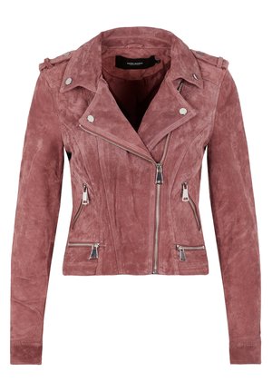 Chaqueta de biker de ante rosa con un diseño ajustado, herrajes plateados, frente con cremallera y dos bolsillos laterales. Textura suave con un corte moderno.