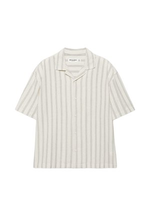 White short-sleeve button-up shirt with thin vertical black stripes and a camp collar, displayed flat on a white background.