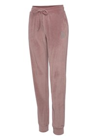 Fluwelen joggers in stoffige roze kleur met een elastische tailleband, trekkoord, zijzakken en strasstenen accenten langs de broeknaad.