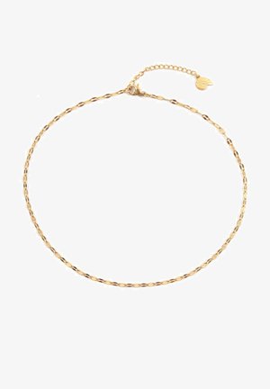 Collier en chaîne dorée avec des maillons ovales allongés, une fermeture à clapet et une extension réglable avec un charm en forme de coquillage.