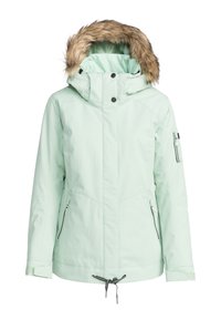 Light mint green jacket with a fur-lined hood, zippered pockets on the sides, adjustable hem, and a smooth, waterproof exterior.