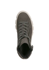 Baskets montantes grises en cuir texturé, dotées d'un bout rond, de lacets, de détails en zip et d'une semelle en caoutchouc blanc contrastant.