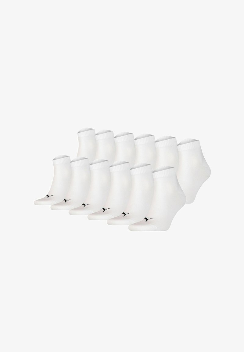 White ankle socks featuring a ribbed upper and a small black logo. Pack of twelve, smooth texture, simple design.