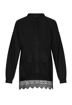 Schwarzes Langarmshirt mit Stehkragen, ausgestattet mit einer Spitzenverzierung am Saum und einer Knopfleiste, aus glattem Material gefertigt.