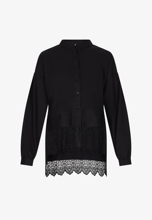 Schwarzes Langarmshirt mit Stehkragen, ausgestattet mit einer Spitzenverzierung am Saum und einer Knopfleiste, aus glattem Material gefertigt.