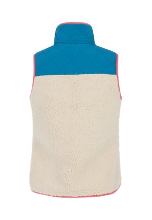 Gilet in pile con sezione superiore trapuntata blu, sezione inferiore crema e rifiniture rosa. Presenta un colletto alto e un design senza maniche.