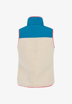 Fleece liemenė su mėlynu siuvinėjimu viršutinėje dalyje, kremine apatine dalimi ir rožine apdaila. Yra aukštas color ir be rankovių dizainas.