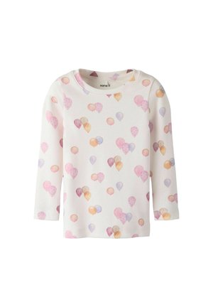 Chemise blanche à manches longues pour enfants avec motifs de ballons pastel en tons rose, orange, violet et beige.