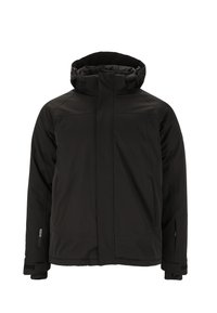 Schwarze isolierte Jacke mit hohem Kragen, Reißverschluss, verstellbare Kapuze und Klettverschlussärmeln. Glatte Textur, entworfen für kaltes Wetter.