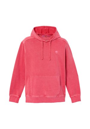 Felpa con cappuccio color corallo sbiadito con tasca frontale, cappuccio con coulisse e logo sul petto. Tessuto morbido e vestibilità rilassata.