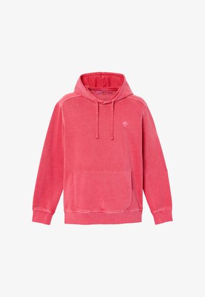 Felpa con cappuccio color corallo sbiadito con tasca frontale, cappuccio con coulisse e logo sul petto. Tessuto morbido e vestibilità rilassata.