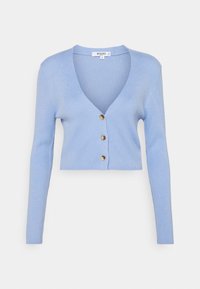 Light blue ribbed cardigan with long sleeves, V-neck, and three gold-tone buttons at the front. Cropped design. Soft texture.