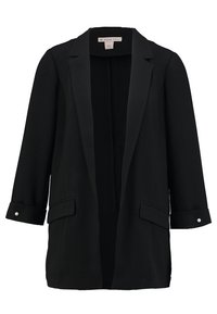 Černý dlouhý blejzr s klopami, klopovými kapsami a perlovo knoflíkovými detaily na ohrnutých rukávech, označený značkou Anna Field.