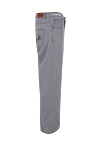 Gray denim jeans featuring a straight-leg design, back pocket detailing, and a brown leather label at the waistband.