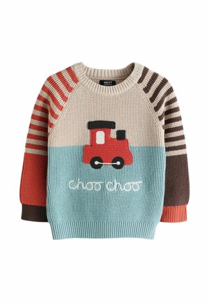 Dziecięcy sweter na drutach z paskowanymi rękawami w pomarańczowym i brązowym kolorze, na przodzie czerwony pociąg i napis „choo choo”.
