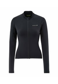 Veste noire à manches longues avec un col montant ; dispose d'une fermeture éclair à l'avant, de panneaux latéraux en mesh et du logo FALKE en blanc sur la poitrine.