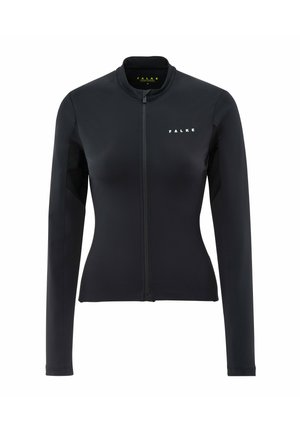 Schwarze Jacke mit langen Ärmeln und hohem Kragen; verfügt über einen Reißverschluss vorne, Netzseiteneinsätze und das FALKE-Logo in Weiß auf der Brust.