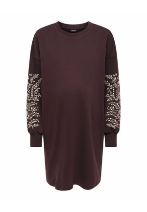 Lang mørkebrun sweatshirtkjole med rund hals og blomsterkransmønster i lys rosa på begge ermer.