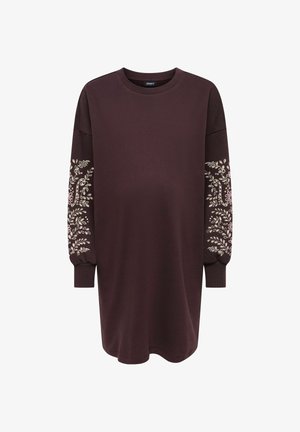 Lang mørkebrun sweatshirtkjole med rund hals og blomsterkransmønster i lys rosa på begge ermer.