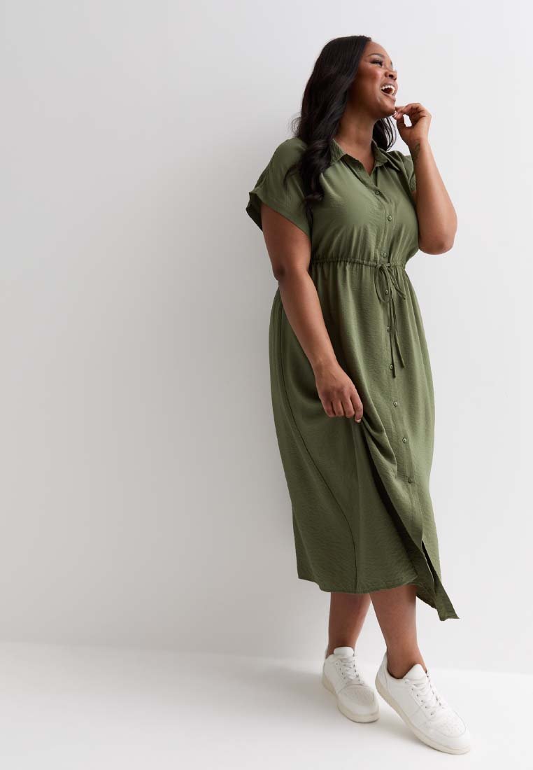 open lace back dress Women's Plus Size Donnie Drawstring Shirt Dress - Olive main image 0