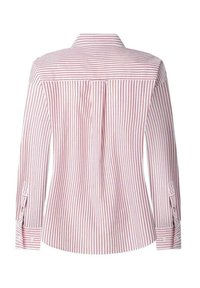 Camicetta a righe con colletto, base bianca e strisce rosse sottili, con una piega sul retro e polsini regolabili.