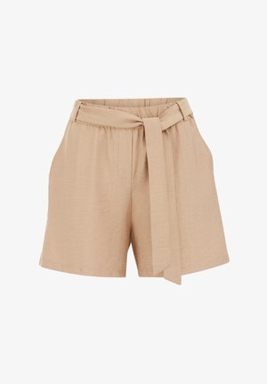 Bežové šortky vyrobené z ľahkého materiálu, s opaskom v páse, bočnými vreckami a voľným strihom s hladkou textúrou.