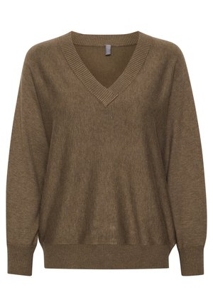 Olijfgroen, losse v-hals trui met geribbelde halslijn en manchetten; zachte textuur en relaxte silhouet. Geschikt voor layering.