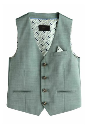 Lichtgroene herenvest met vier knopen, twee voorzakken en een patroonrijke voering met bijpassend pochet.
