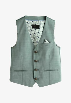 Világoszöld férfi mellény négy gombbal, két első zsebbel és mintás béléssel, amelyhez illő zsebkendő tartozik.