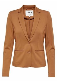 Blazer marron de la marque ONLY, doté d'une coupe ajustée, d'une fermeture à un bouton, de deux poches avant et d'un tissu lisse et extensible.