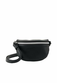Borsa a tracolla nera in pelle con finitura testurizzata, chiusura con zip argentata e tracolla regolabile. Presenta il logo del marchio sulla parte anteriore.