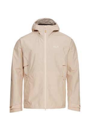 Beige waterdichte jas met capuchon, getextureerde voering, ritssluiting aan de voorkant en verstelbare manchetten. Voorzien van een logo aan de bovenkant links.
