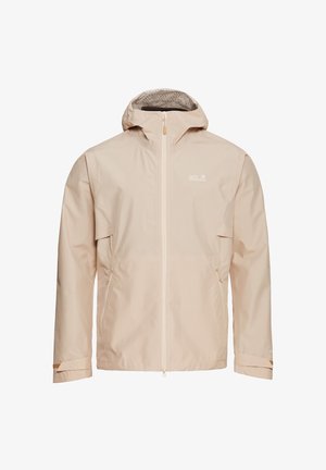 Beige waterdichte jas met capuchon, getextureerde voering, ritssluiting aan de voorkant en verstelbare manchetten. Voorzien van een logo aan de bovenkant links.