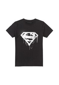 Black cotton t-shirt featuring a white distressed Superman logo with paint drips and splatter details. Short sleeves and classic crew neck design.