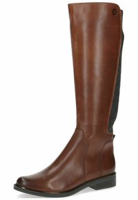 Bota de cuero marrón hasta la rodilla con un acabado liso, panel lateral elástico y un tacón bajo. Presenta una punta redondeada y costuras sutiles.