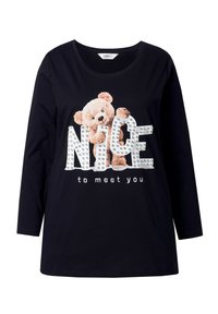 Czarna koszulka z długim rękawem z grafiką pluszowego misia oraz napisem "NICE to meet you" ozdobionym cyrkoniami.